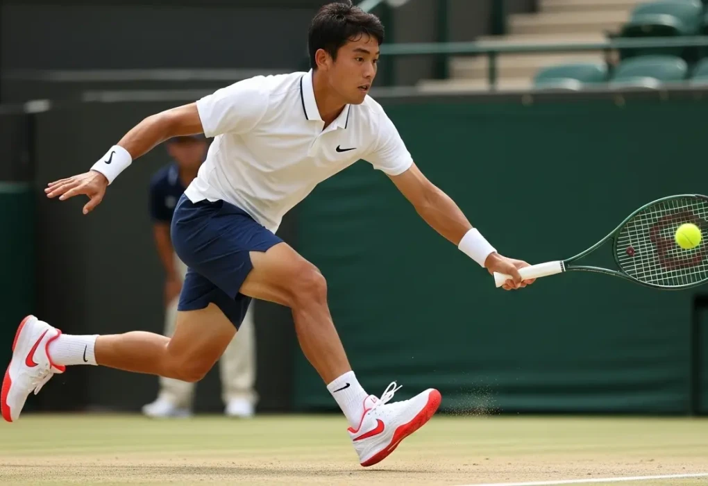 Pemain tenis pria sedang bergerak cepat dengan sepatu tenis nike