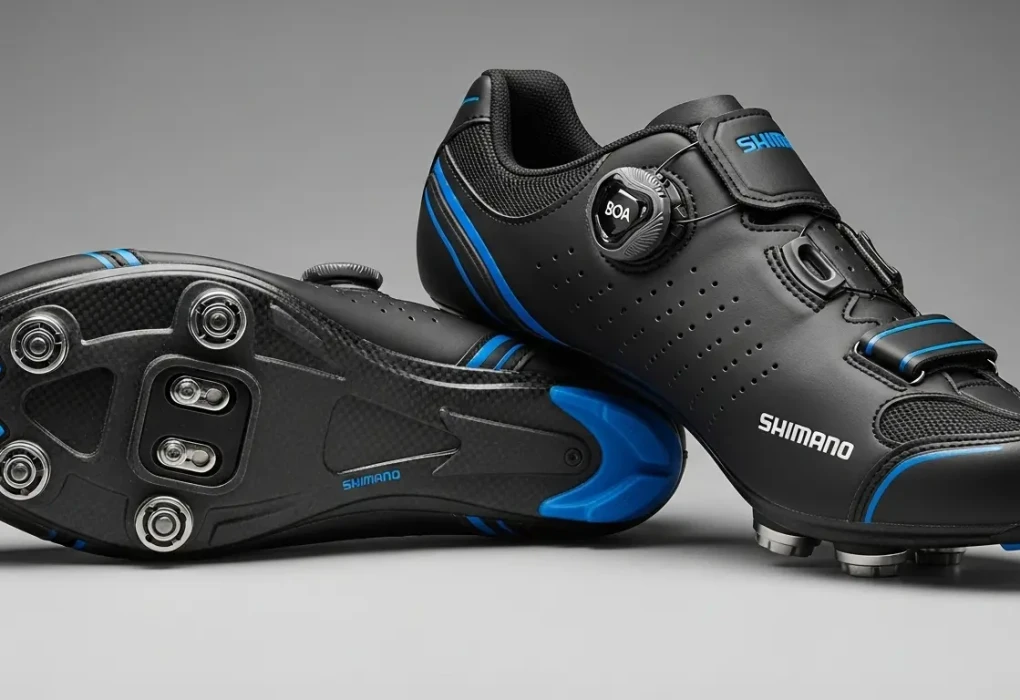 Sepatu sepeda shimano dengan cleat untuk transfer tenaga maksimal